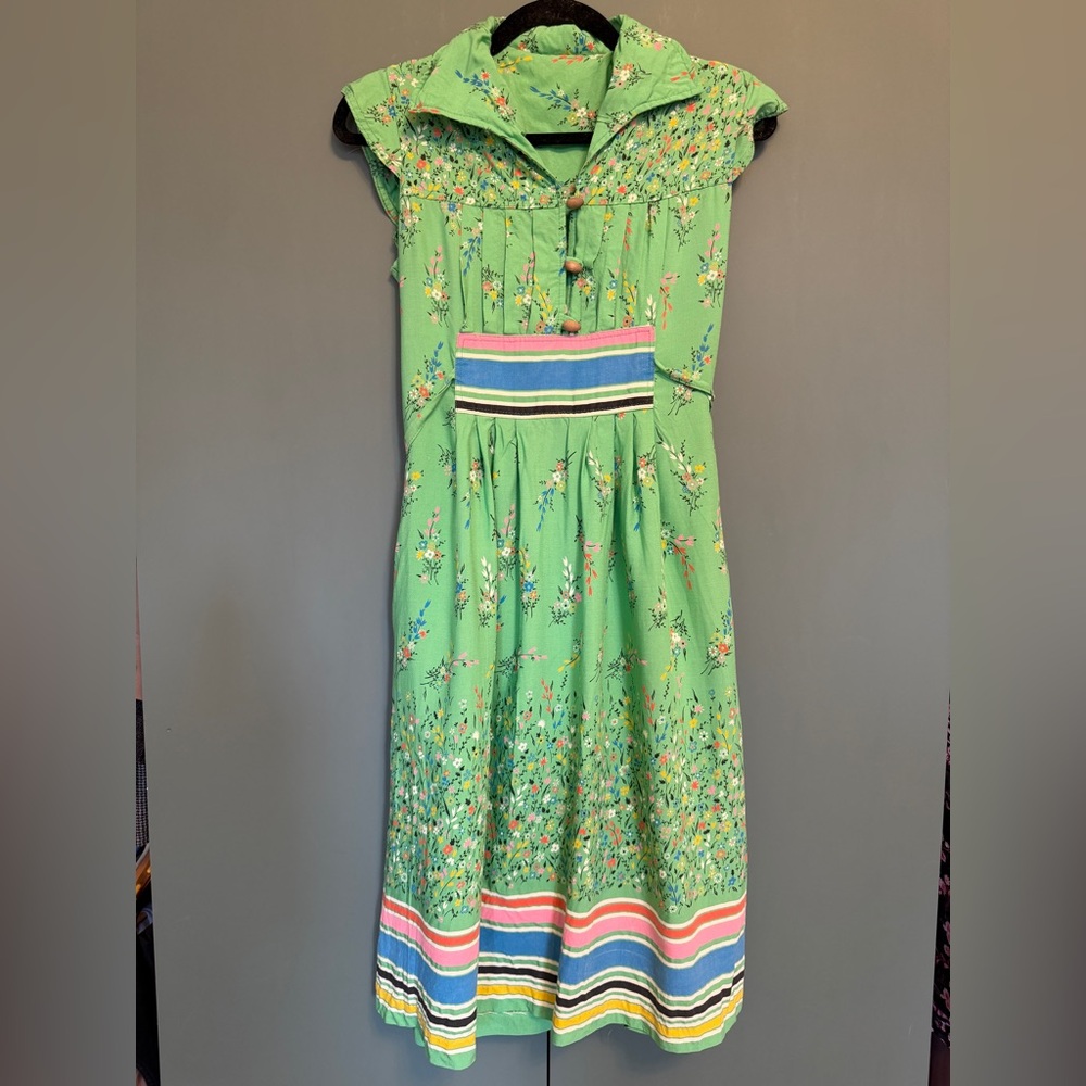 70s RAGTIME spring green floral rayon dress vintage 1970s boho peasant dress XS